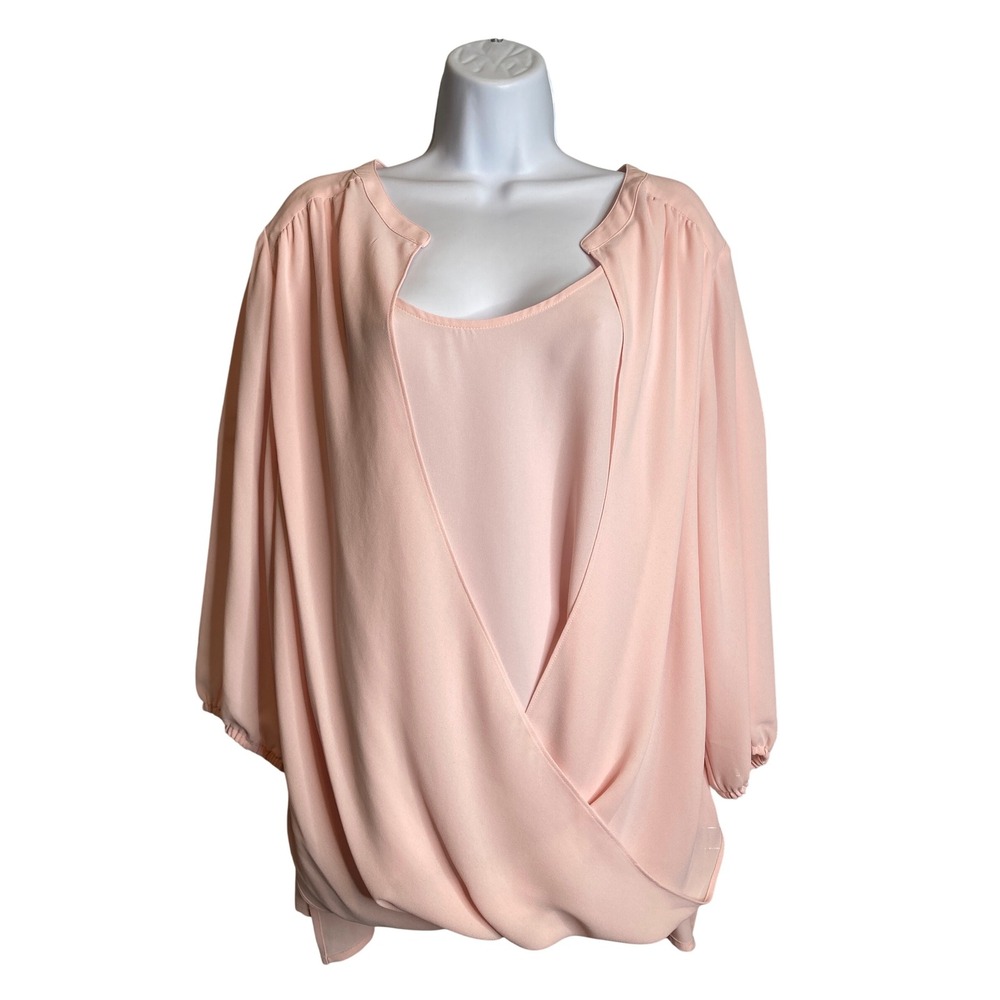 J Jill Wearever Collection Womens Pink Sheer Overlay Faux Wrap Top Sz 2X Coastal